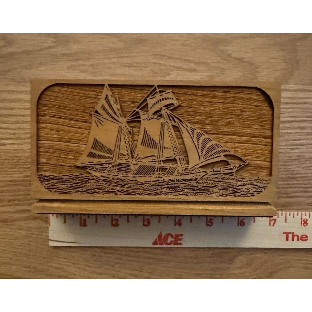 Lasercraft Napkin/Letter Holder Walnut 3 Mast Ship Laser Engraved American‎ VTG - Picture 3 of 6